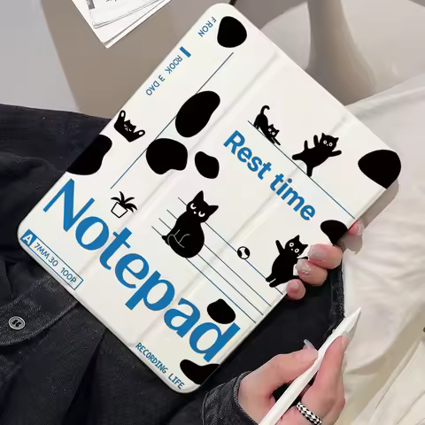 Black Cat & Notepad Tablet Case for Samsung Tab S10 Plus S9 FE Plus S8 Plus S7 FE S6 Lite A9 Plus A1