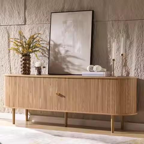 70" Mid-Century Modern TV Stand, TV Console Table for TVs up to 80 Inch, Fluted Wood Media Console w