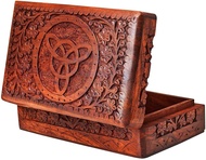 Wooden Hand Carving Pentagram Design Jewelry Storage Box Holder | Tarot Card Trinket Keepsake Wooden