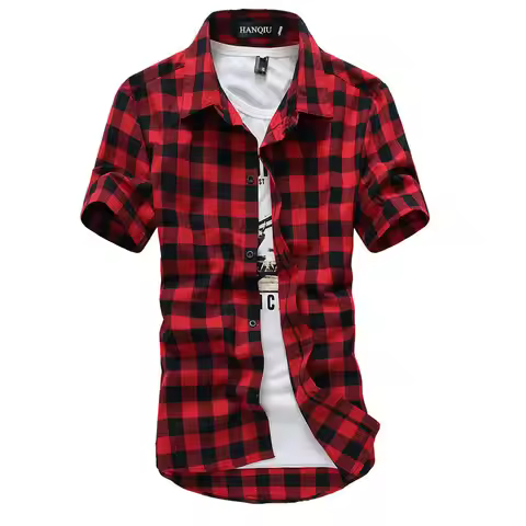 Men's Casual Plaid Flannel Shirt Short Sleeve Red Checkered Button Down Shirt for Daily Wear Streetw