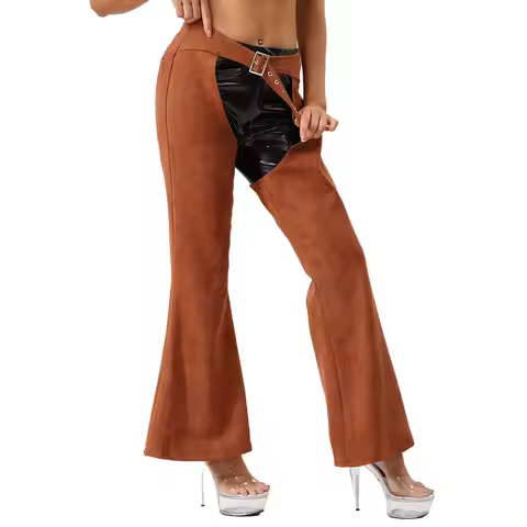 Womens Vintage Western Cowgirl Cosplay Costume Chaps Pants Adjustable Waist Hollow Out Cowboy Riding