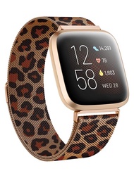1入組豹紋印花不銹鋼磁性錶帶適用於Fitbit Versa 2