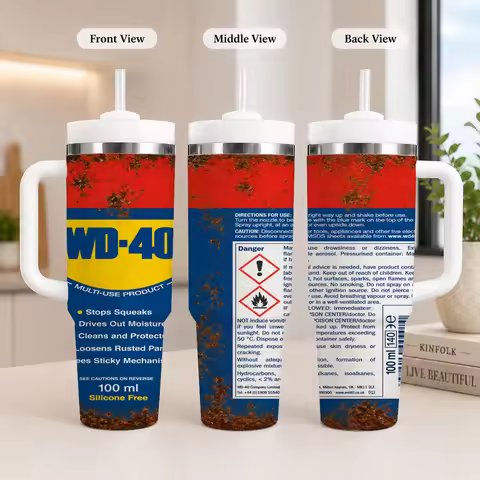 WD-40 Themed Vacuum Flasks 40oz Leakproof Steel Tumbler w/ Lid Straw Handle Hot Cold Drinks