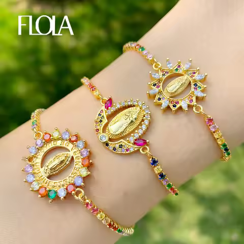 FLOLA Multicolor Virgin Mary Bracelets For Women Crystal Bracelets Gold Plated Christian Jewelry vir