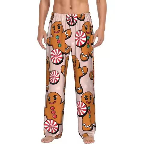 Custom Men Merry Christmas Wallpaper Pajama Pants Print Sleep Sleepwear Bottoms with Pockets