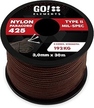 GO!elements 100 m Paracord Rope Made of Tear-Resistant Nylon - 3 mm Paracord 425 Type II Max. 192 kg