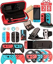 Switch Accessories - Family Bundle Accessories for Nintendo Switch, Carry Case&amp; Screen Protector,4 Pack Joy Con Grips and Steering Wheels, Dockable Case Cover,Stand Mount,Joy Con Charger and More.