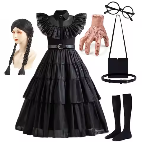 Girls Halloween Cosplay Wednesdays Costume Black Gothic Dress Movie Adams Family Kids Dancing Vestid