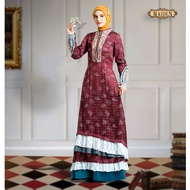 TUNEECA Diana Steps maroon gamis, high quality rayon satin jacquard fabric, fashionable maroon party