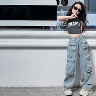 【现货】女童大口袋牛仔裤时髦春秋装女童宽松工装裤儿童洋气百搭潮流Girls' large pocket jeans fashionable spring and autumn clothes for 