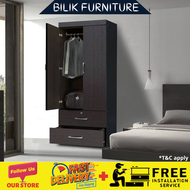 bilik- 2 door wardrobe / 2drawers/ key lock/ mirror door wardrobe/ almari 2 Door Wardrobe / 2x6ft Wardrobe / Almari baju / Almari 2 pintu / Almari Baju Kayu / Berlaci / Almari pakaian