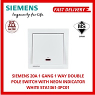 SIEMENS 20A 1 GANG 1 WAY DOUBLE POLE SWITCH WITH NEON INDICATOR WHITE 5TA1361-3PC01