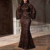 Mgiacy New Stand Collar Sequin Plus Size Elegant Evening Dress, See-Through Waist Belt Lantern Sleev