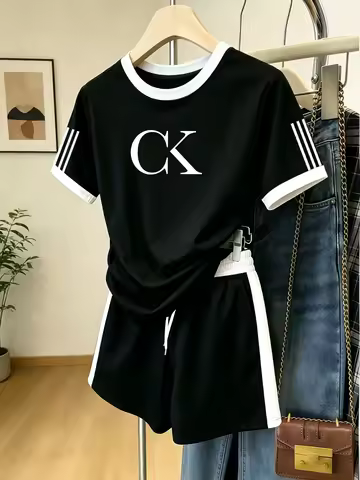 Summer Lightweight Breathable Simple Casual Set with Ck Letter Print Short-Sleeve Top and Shorts, Th