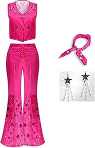 Cowgirl Outfit 70s 80s Hippie Disco Costume Pink Flare Pant Halloween Cosplay For Women Girls