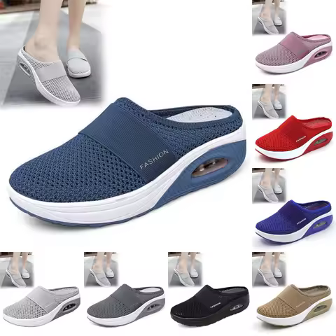 Slippers Women Sandals Fashion Wedge Heelless One Step Leisure Mesh Half Slippers Thick Bottom Light