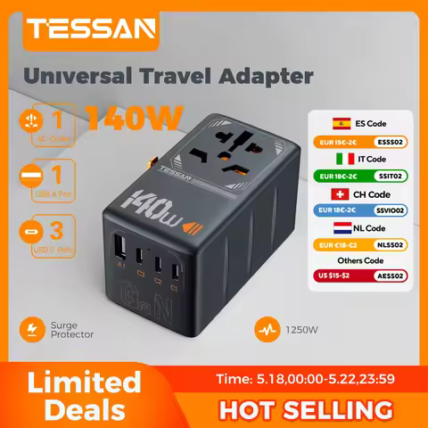 TESSAN International Plug Adaptor GaN Travel Adapter with Universal Outlet 1 USB A 3 Type C Fast Cha