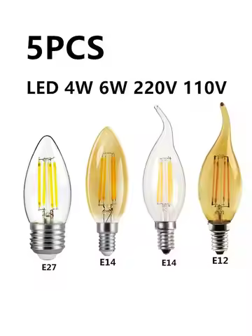 5PCS LED Edison Filament Candle Blubs Light Golden C35 C35L 2W 4W 6W Warm white Dimmable E14 E12 E27