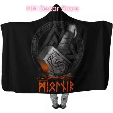 Viking Hooded Blanket Norse Myth Pattern Wearable Blanket 3D Print Cloak Warm Cozy Throw Cape Wrap w