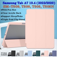 For Samsung Galaxy Tab A7 10.4 2022 2020 SM-T509 SM-T500 SM-T505 SM-T505N High End Clear Acrylic Protective Case With Pen Slot Tablet Full Fit Cover Flip Stand PU Leather Casing