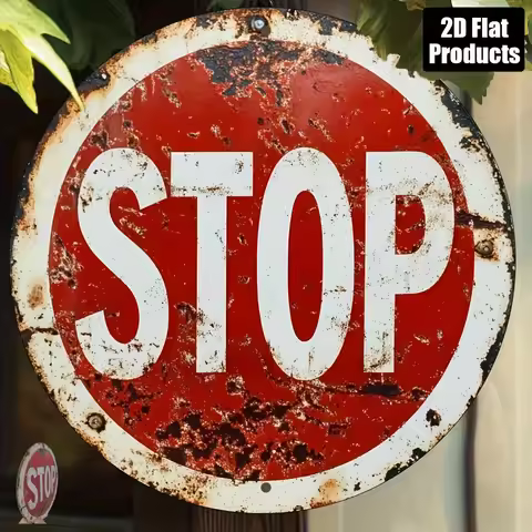 2D planar drawing, 2D planar drawing, retro 2D planar drawing, a circular wooden "stop" sign wall de