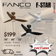 Fanco Fstar ceiling fan 36/46/52 inch dc motor with 3 tone led light and remote control and installation , black , wood, white, cheapest ceiling fan with long warranty