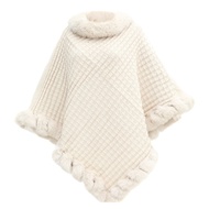 Women Triangle Shawl Wrap Solid Color Plaid Pattern Faux Fur Trim Lightweight Warm Cloak Scarf Shoul