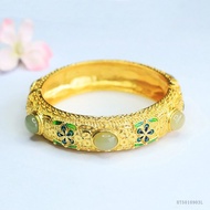 TIMESWIND Natural White Jade Enamel Colorful Flower Copper Women Wide Bangle with Certificate