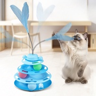 3-tier ball tower with feather toys for cats, turntable tennis for cats