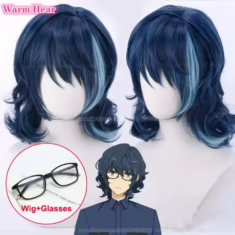 Game ES Tsumugi Aoba Cosplay Wig Unisex Blue Highlight Wig And Glasses Heat Resistant Hair Halloween