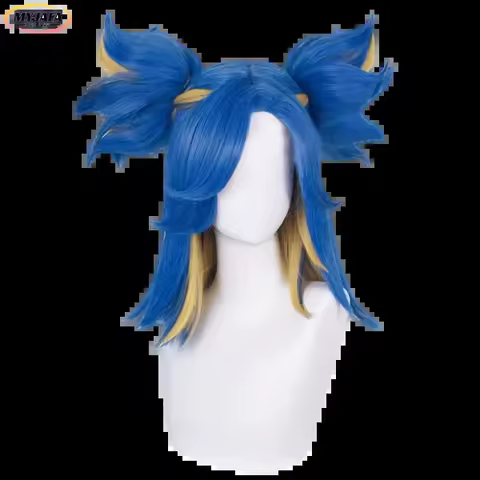 Game Valorant Neon Cosplay Wig Short Blue Mix Blond With 2 Clip Ponytails Heat Resistant Synthetic H