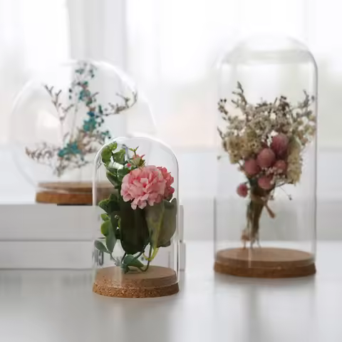 Glass Dome Wooden Base Container Tabletop Display Transparent Glass Cover Dry Flower Ornaments Craft