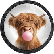 4 Pek Tombol Kabinet Berbentuk Lembu Highland yang Comel, Tombol Laci Bulat, Tombol Almari Hitam, Pe