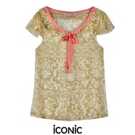 iCONiC CREAM HIPPY TOP #4956 เสื้อผญ สีครีม แขนระบาย ผ้าชีฟอง ลายดอกไม้ เสื้อแฟชั่น เสื้อพิมพ์ลาย เส