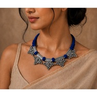 Blue Thread Oxidized Silver Necklace Tribal Statement Indian Ethnic Jewellery