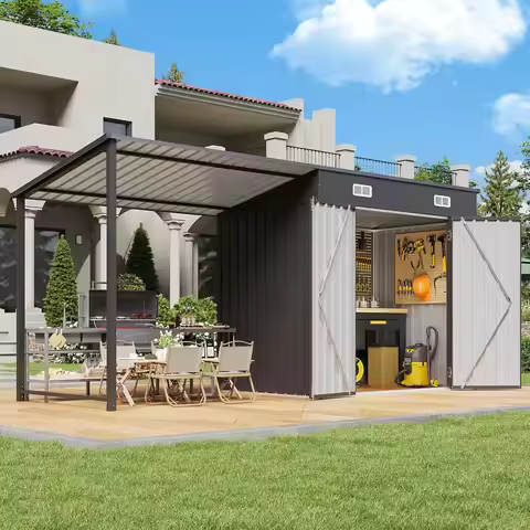 new 6x4FT Metal Outdoor Storage Shed & Gazebo Combo Lean-to Tool Shed with Open Pergola for Patio Ba