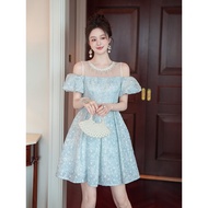 2026 New Women's Off-shoulder Fluffy Lace Dress Elegant Annual Dinner Host Mini Dresses 65346