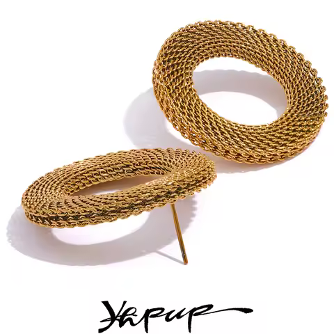 Yhpup 37mm Rust Proof Stainless Steel Round Hollow Big Stud Earrings Women Charm Metal Texture State