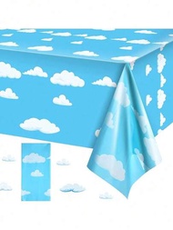 1 件 54*108 吋藍天白雲圖案生日派對一次性桌布,卡通故事桌布,卡通桌橫幅,適合嬰兒兒童淋浴生日派對裝飾