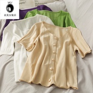 紐扣 緊身 上衣女韓版 ins 潮 針織 冰絲 女 上衣女韓版 ins 潮 温柔风紫色短袖针织冰丝女夏季2025新款韩版修身短款纽扣紧身上衣 Gentle Style Purple Short-Sle