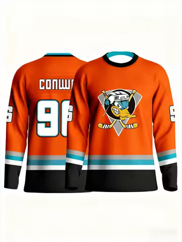 Mighty Ducks "Conway 96" Hockey Jersey - Orange with Teal & Black Stripes Cartoon Duck Logo Stylish 