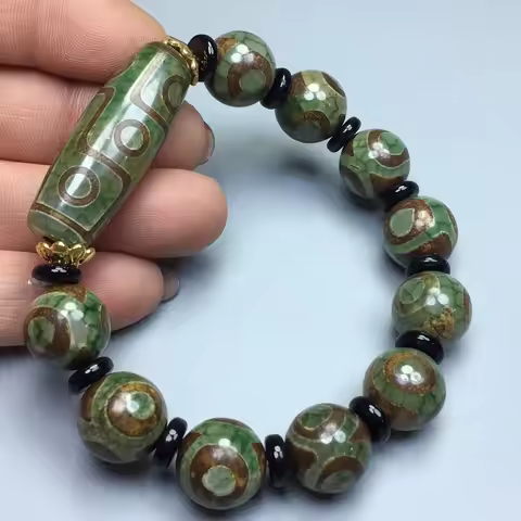 Green Jade 9 Eye Tibet Dzi Bead Bracelet Men Tibetan Buddhism Fengshui Agate Three Eyes Dzi Beads Lu