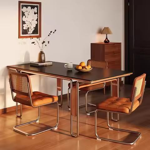 Medieval rock slab solid wood dining table rectangular Nordic stainless steel Bauhaus retro furnitur