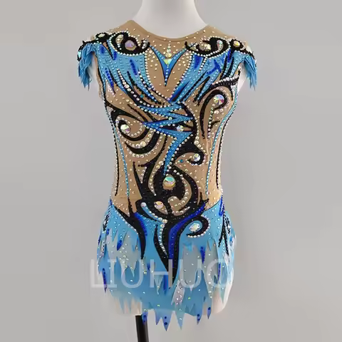 Rhythmic Gymnastics Leotards Blue And Black Color Shiny Rhinestones Girls Competition Performance