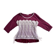 Axes Femme vintage maroon rib blouse with white lace ⋆ ̊ embroidery lace long sleeve side ties combi