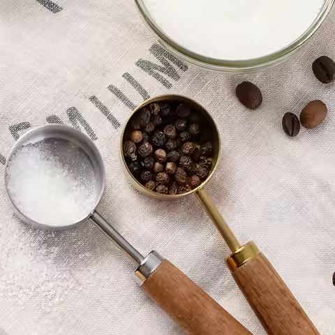 14ml Stainless Steel Measure Spoon with Wood Handle Flat Bottom Measuring Cup Hangable Rustproof Kit