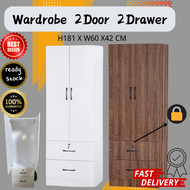 [185CM] 2Doors Wardrobe With Drawer & Lock Almari Baju berkunci Almari Pakaian berkunci Almari ala i