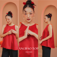 Taupe.brand - Angbao top " เสื้อแขนกุดสายผูกที่ไหล่สีแดง ตัดด้วยสีส้ม เป็นเนื้อผ้าซาตินนำเข้า มีความ