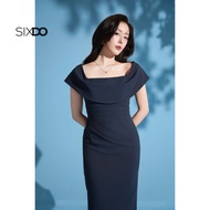 Đầm midi xanh navy dáng bút chì cổ vuông SIXDO (Navy Woven Pencil Dress)
