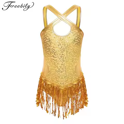 Kids Girls Sequins Fringe Latin Dance Leotard Dress Tassels Jazz Tango Salsa Samba Rumba Dance Perfo